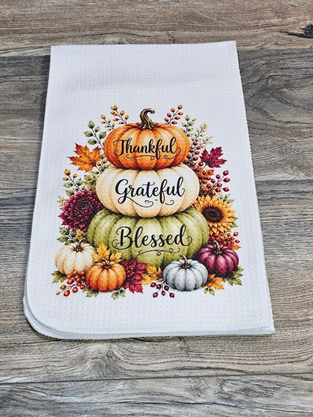 Thankful Grateful Blessed Fall Pumpkin Kitchen Towel Thanksgiving Decor